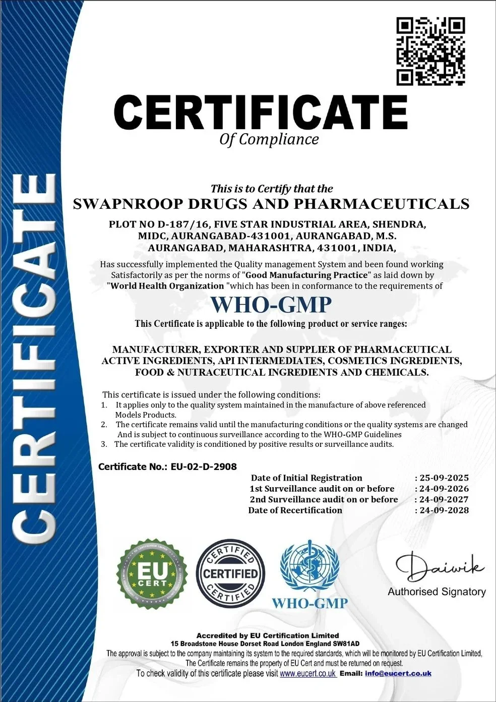 WHO-GMP certificate of Swapnroop Drugs and Pharmaceuticals